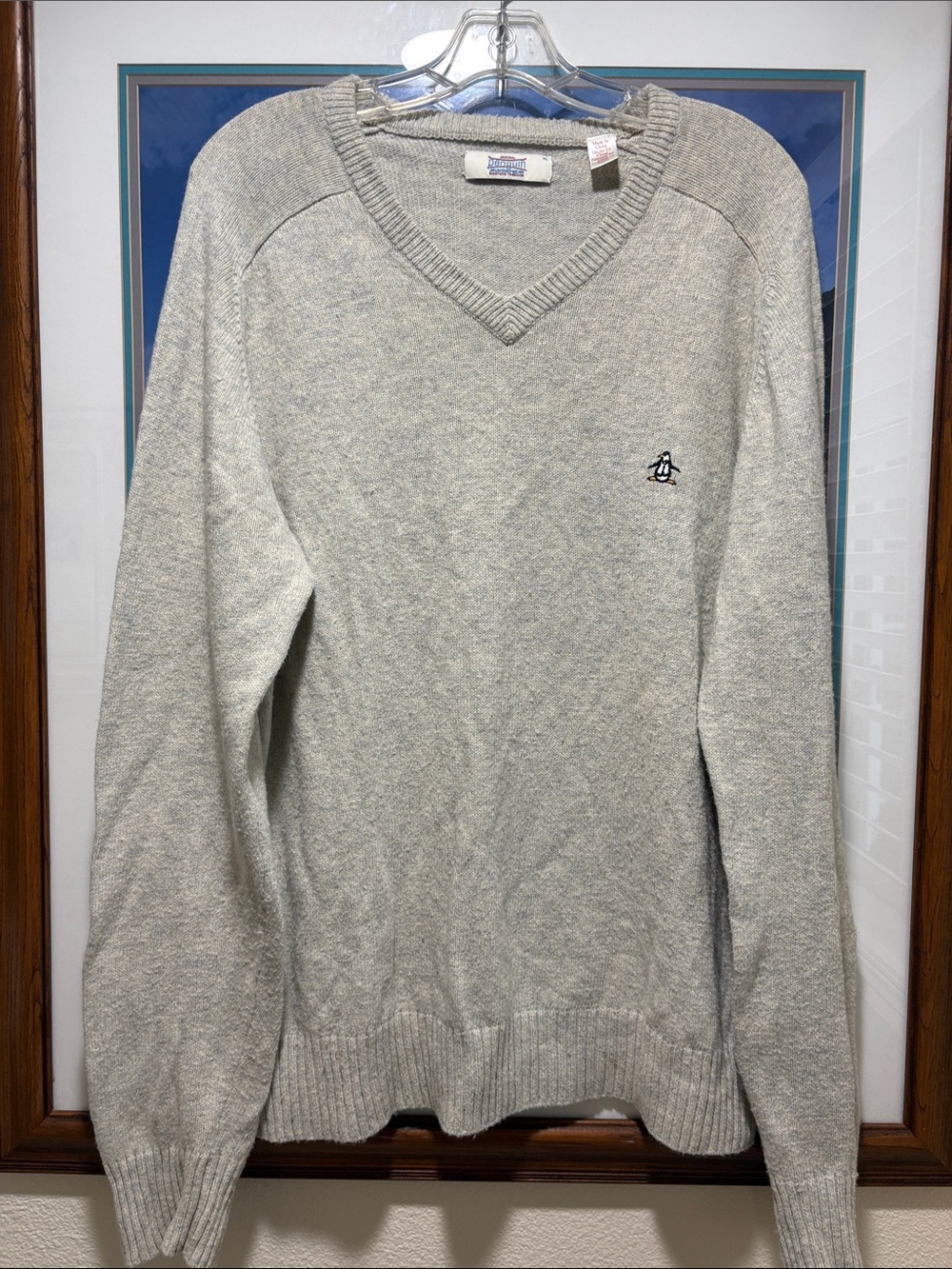 Original Penguin Men's Heather Gray V-Neck Sweater with Embroidered Logo